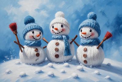 The primary subject of the image is a group of three snowmen standing in the snow. They are wearing blue hats and scarves, and their smiles are painted on their faces. The setting is a snowy landscape, and the visual style is an illustration or painting. The colors and mood of the image are predominantly white and cold, as it is a winter scene featuring snowmen.